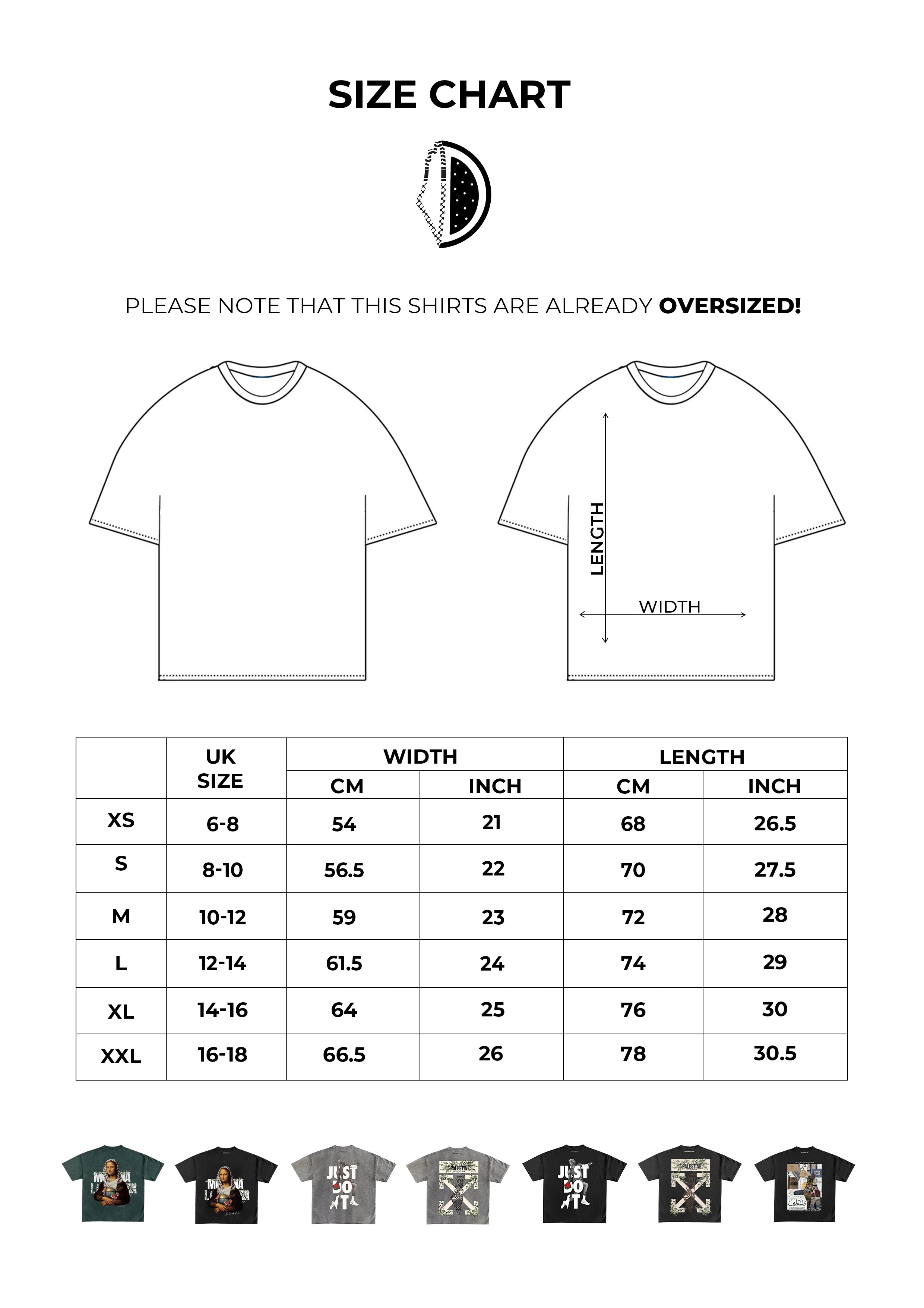 Size chart for oversized t-shirts with measurements and shirt illustrations.