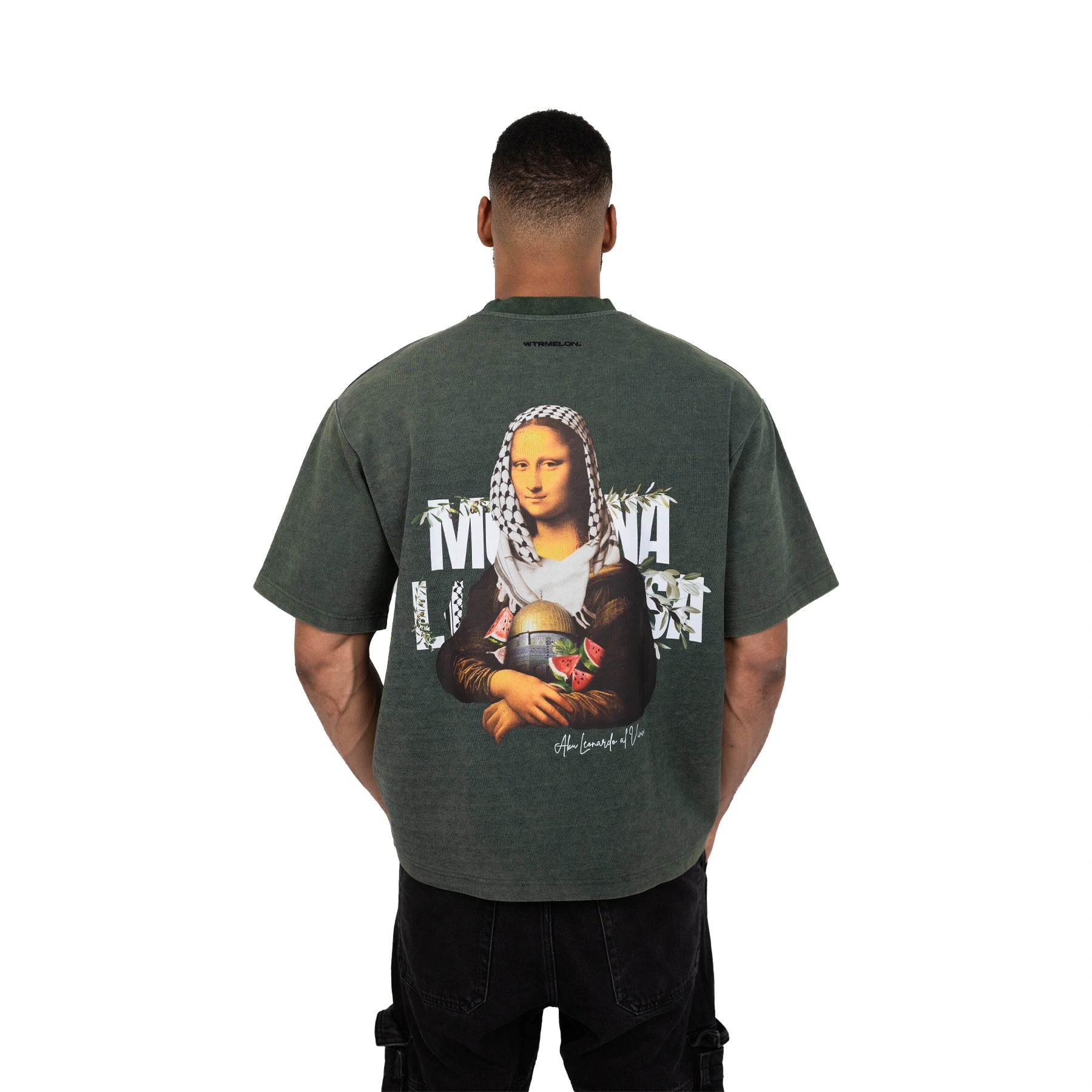 Person wearing a green t-shirt with a Mona Lisa graphic and text on the back.