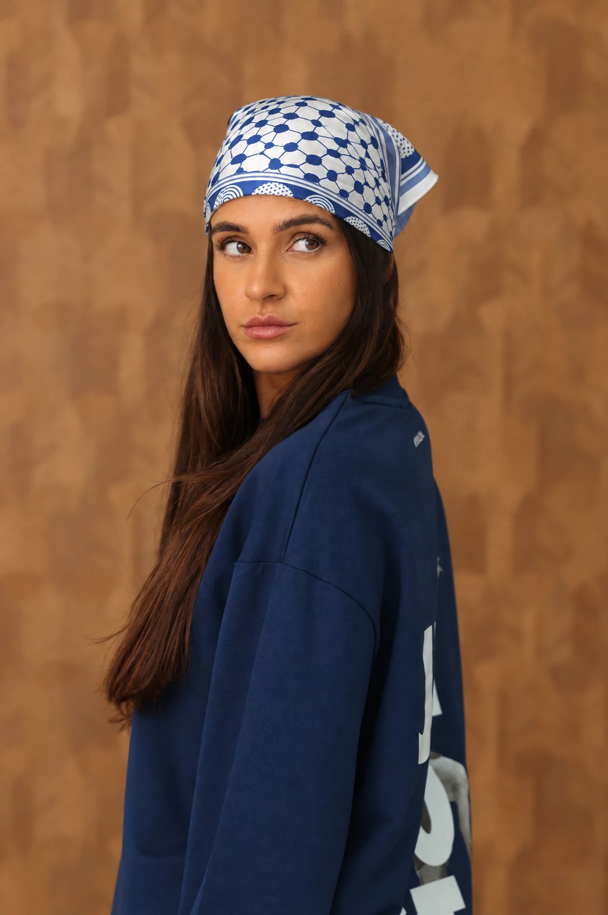 Roots silk bandana in Blue, model styling view 4
