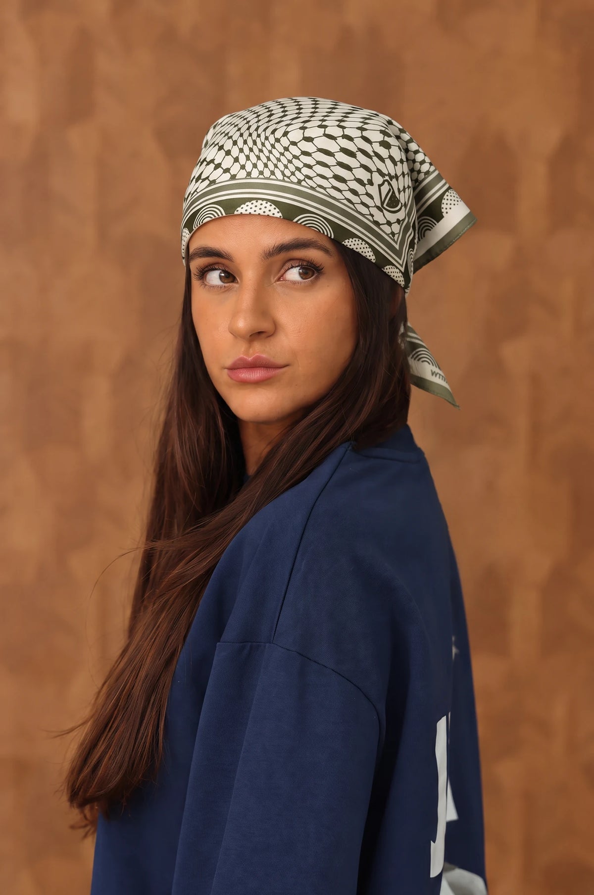 Roots silk bandana in Olive Green, model styling view 4