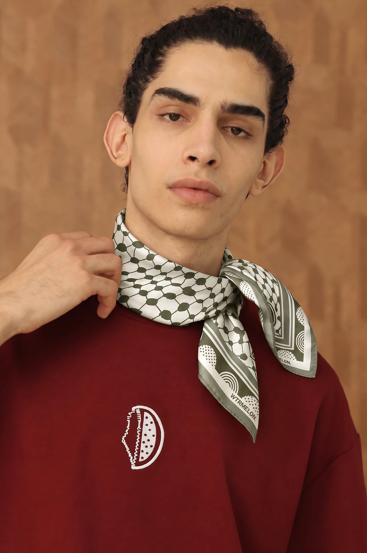 Roots silk bandana in Olive Green, model styling view 5