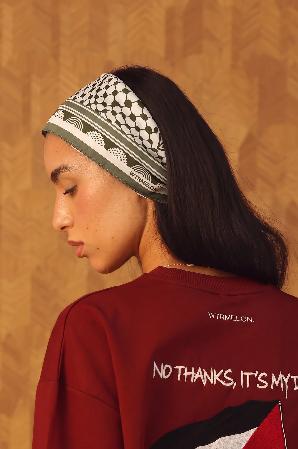 Roots silk bandana in Olive Green, model styling view 6