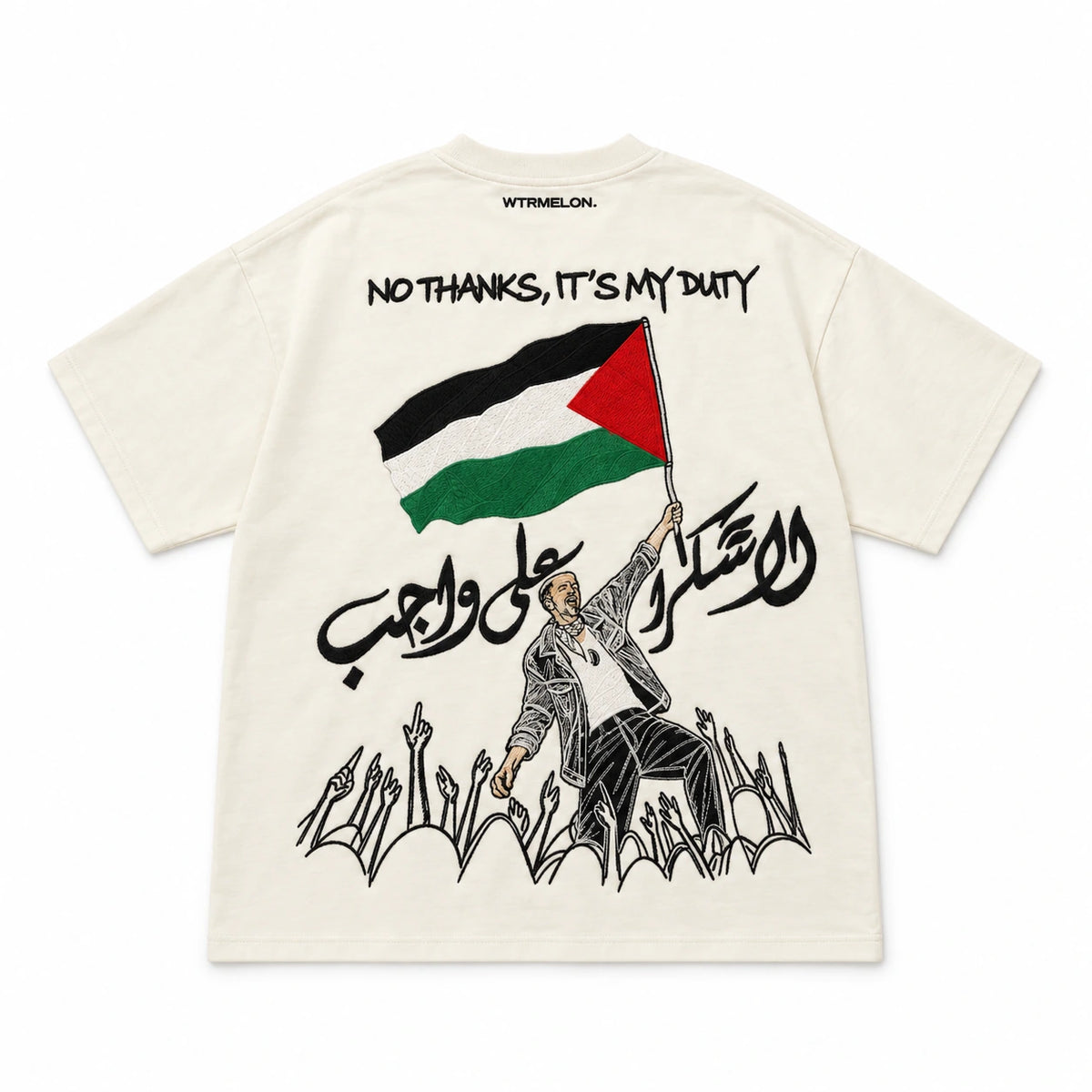 The Voice Off White T shirt with black embroidered lettering and hands, AI generated back visualization